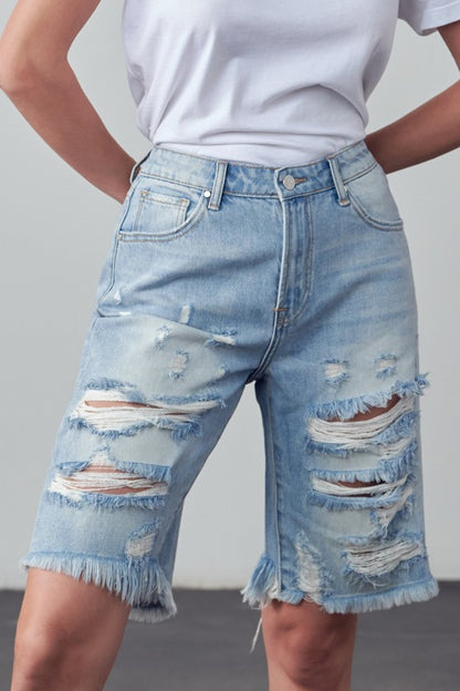 High Rise Ripped Bermuda Denim Shorts - Tigbul's Variety Fashion Shop