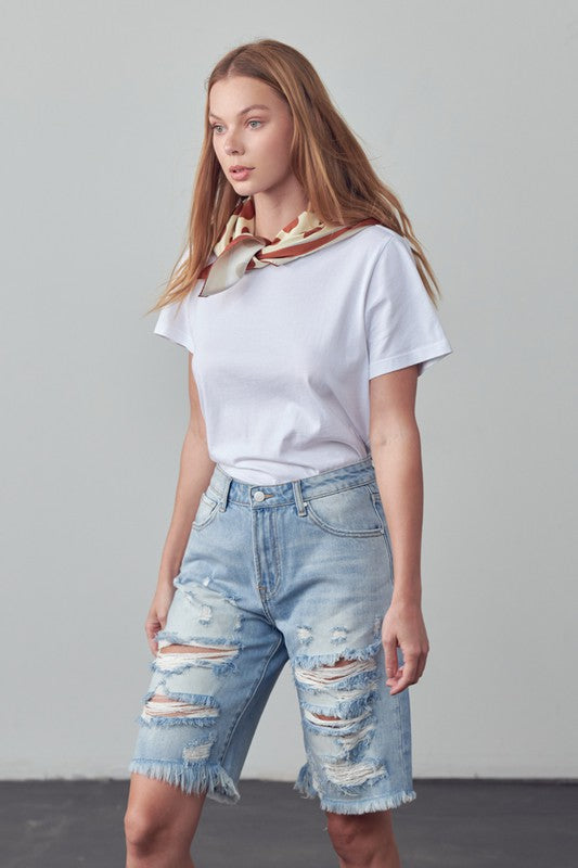 Denim bermuda shorts with high waist and rips, light blue wash and fringe hem