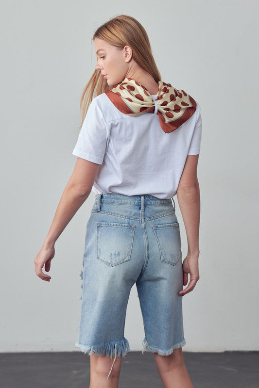 High-rise ripped denim bermuda shorts, light wash with frayed cuffs and back pockets