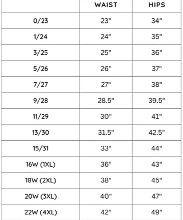Size chart table with waist and hips measurements for denim shorts sizes