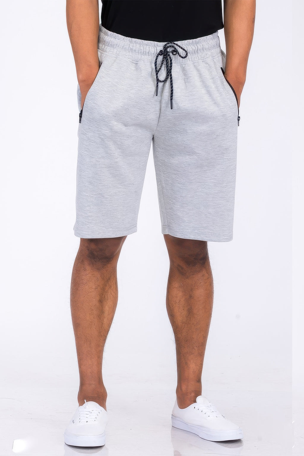 Men's cotton blend lounge sweat shorts in light gray with drawstring and pockets