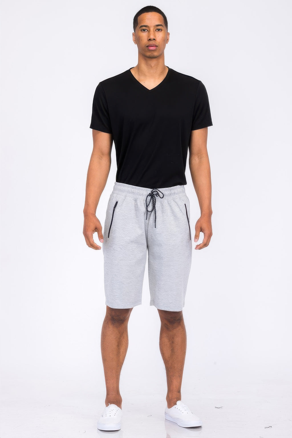 Men's lounge sweat shorts, light gray, elastic waistband with black drawstring