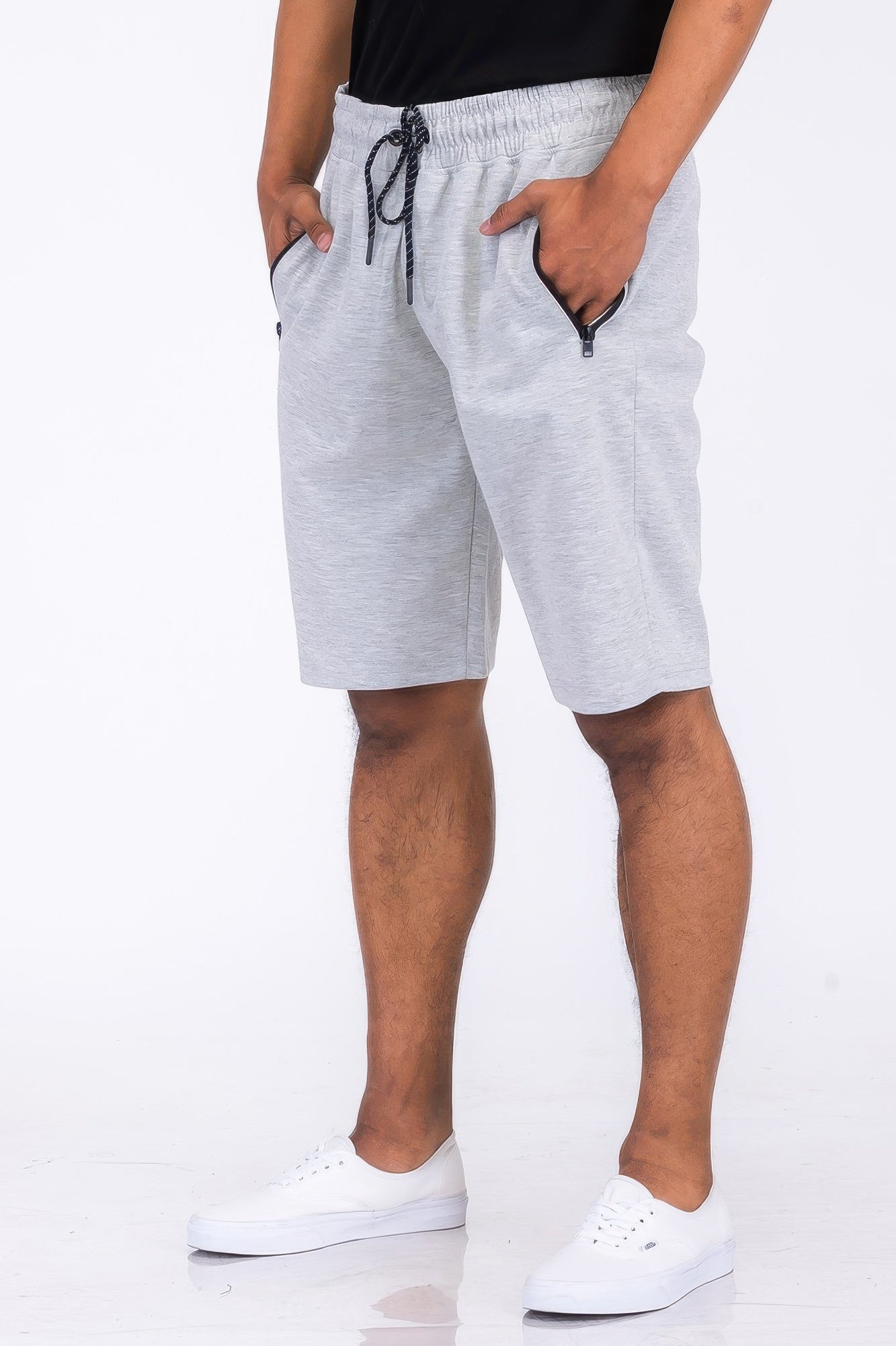 Light gray cotton blend lounge shorts with black drawstring and side pockets