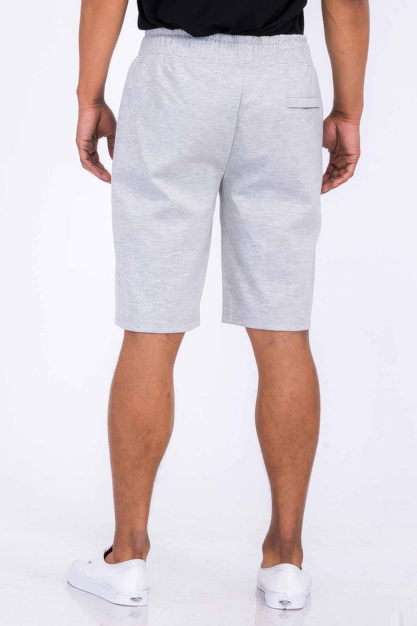 Light gray cotton blend lounge sweat shorts with back patch pocket detail