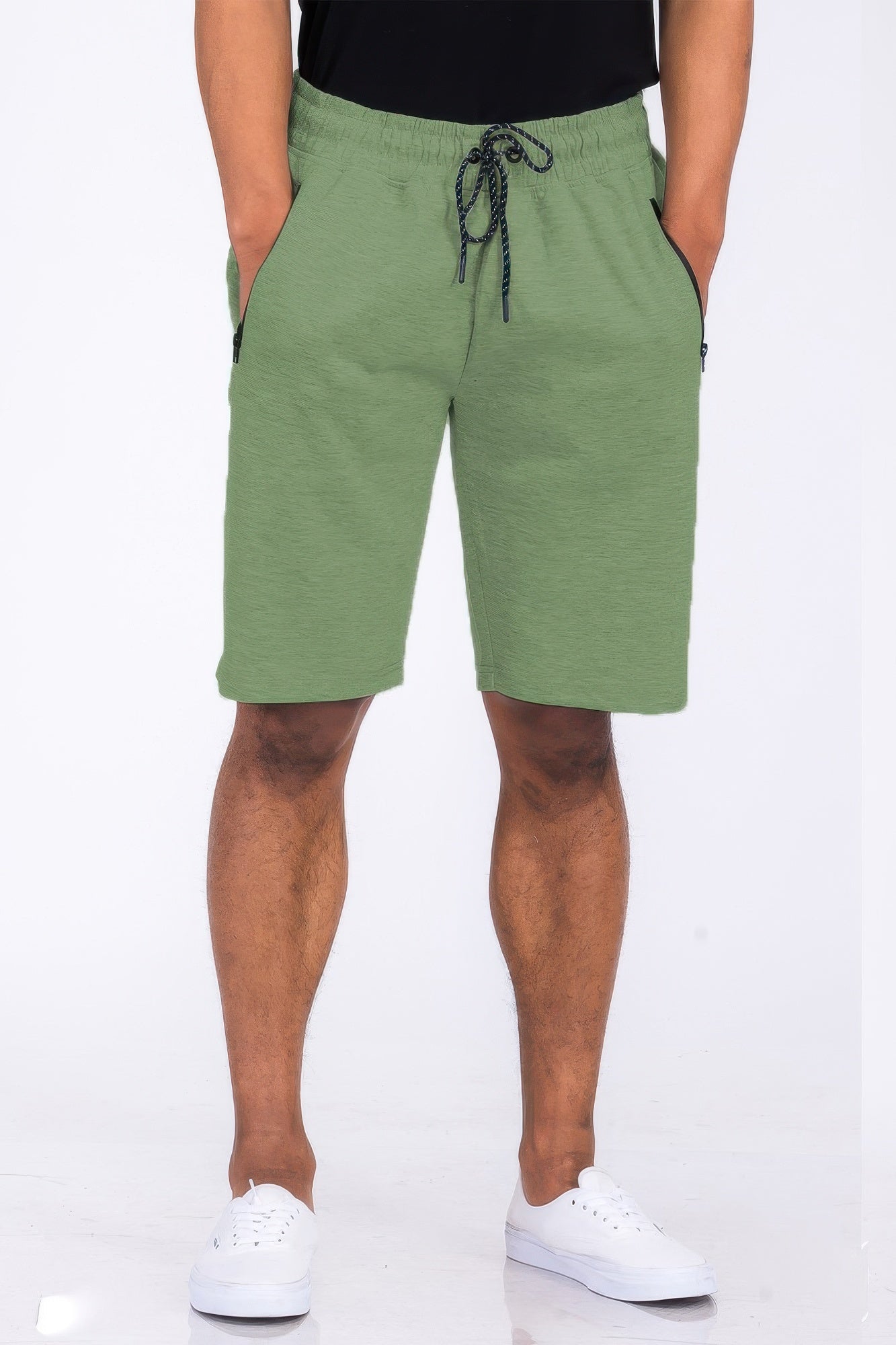 Cotton blend lounge sweat shorts in olive green with black drawstring