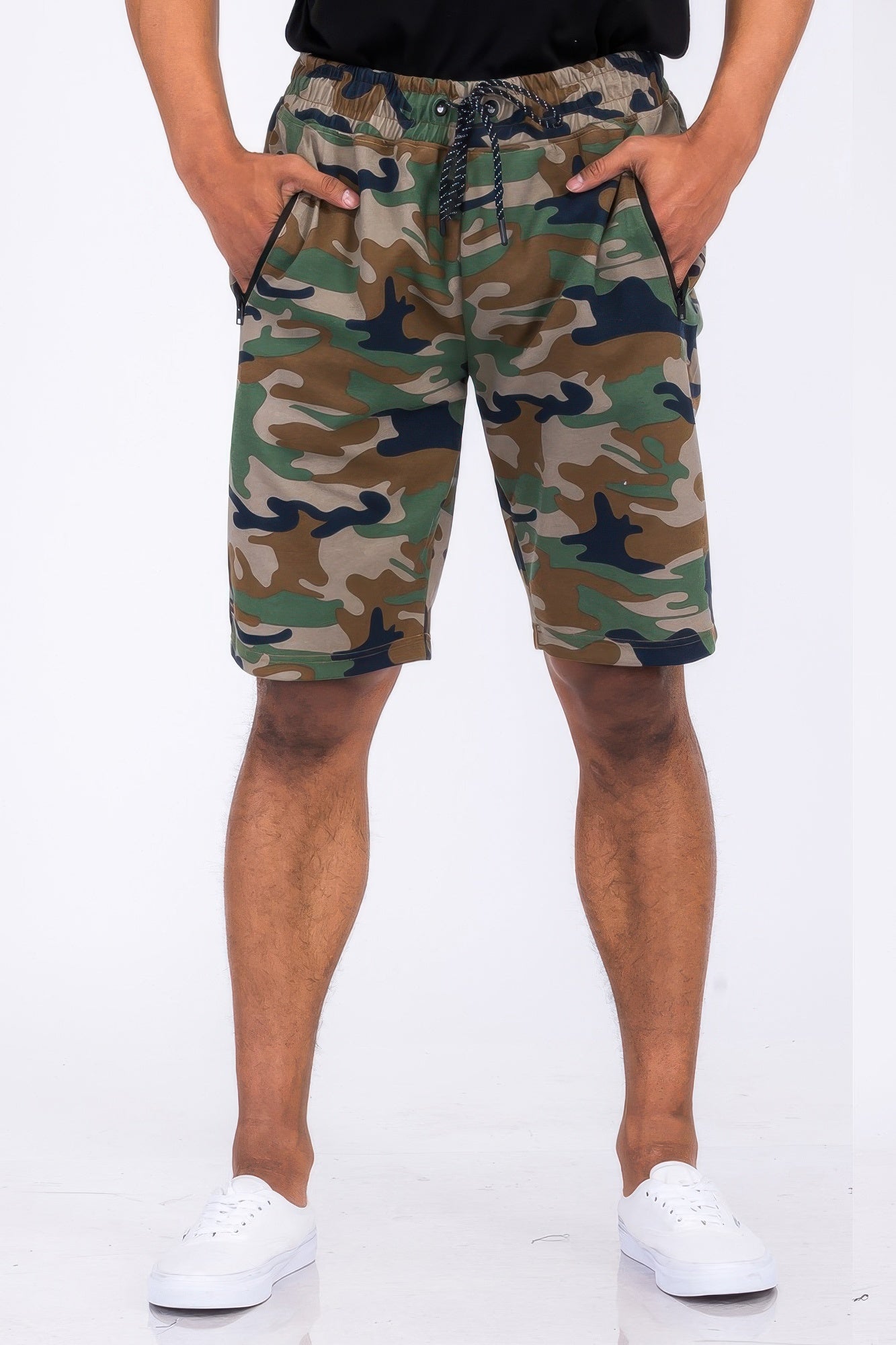 Camo green cotton blend lounge sweat shorts with drawstring elastic waistband