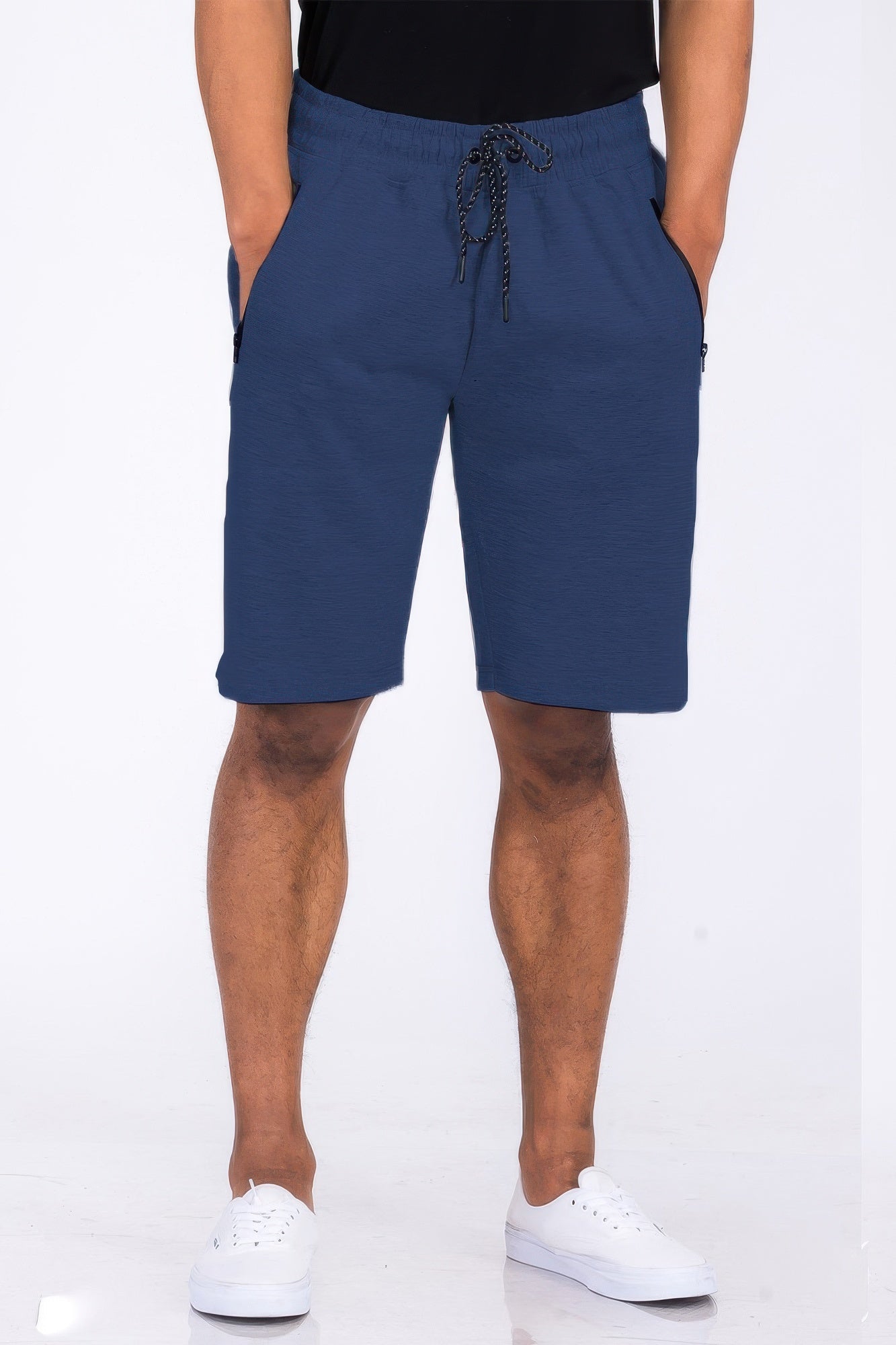 Men's cotton blend lounge sweat shorts in navy with black drawstring waist