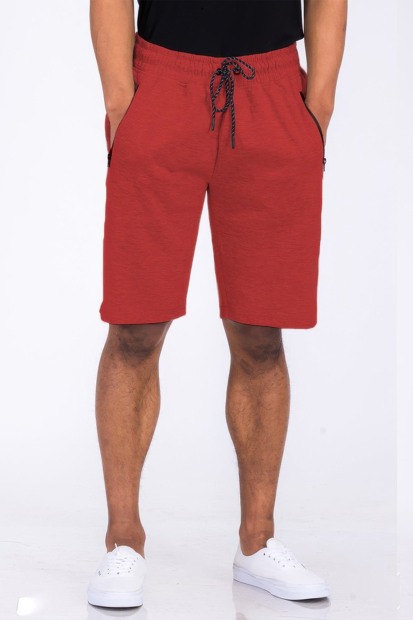 Men's cotton blend lounge sweat shorts in red with black drawstring and pockets