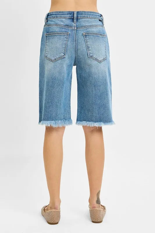 RISEN Tummy Control Mid Rise Fit Bermuda Denim Shorts - Tigbul's Variety Fashion Shop