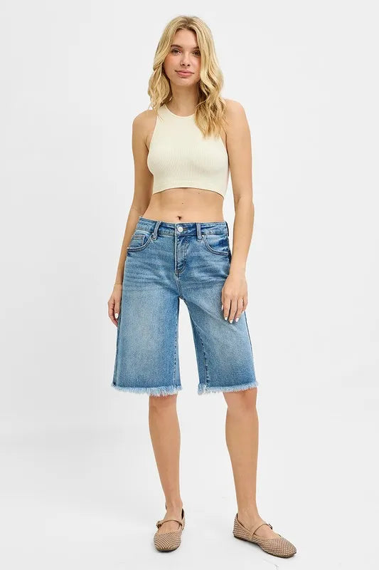 RISEN Tummy Control Mid Rise Fit Bermuda Denim Shorts - Tigbul's Variety Fashion Shop