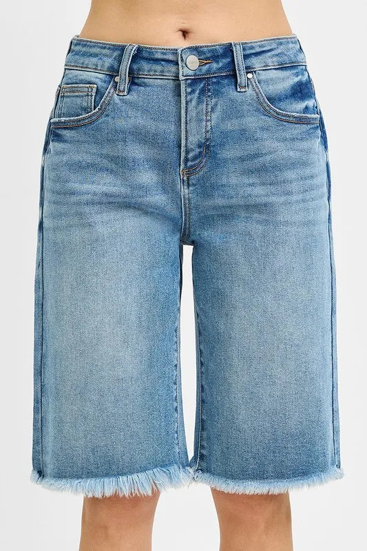 RISEN Tummy Control Mid Rise Fit Bermuda Denim Shorts - Tigbul's Variety Fashion Shop