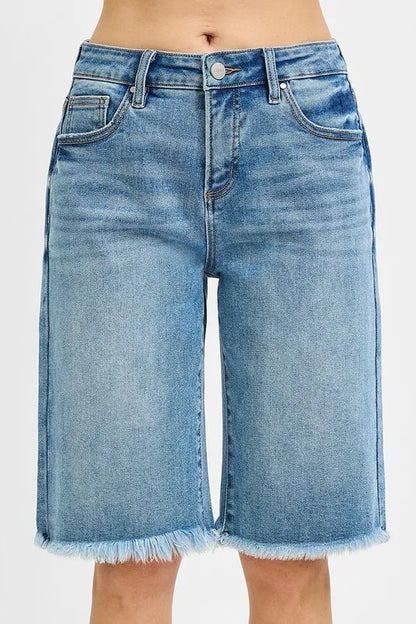 RISEN Tummy Control Mid Rise Fit Bermuda Denim Shorts - Tigbul's Variety Fashion Shop