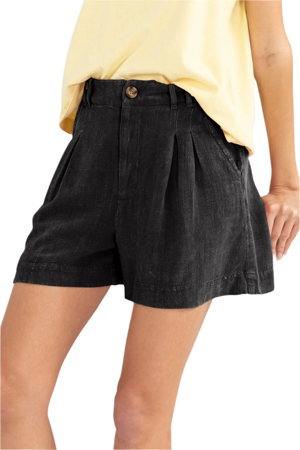 Black high-waist pleated linen shorts, size M, side view with button fly