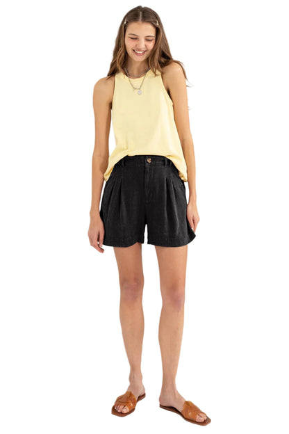 Size Medium Black High Waist Pleated Linen Shorts - Tigbul's Variety Fashion Shop