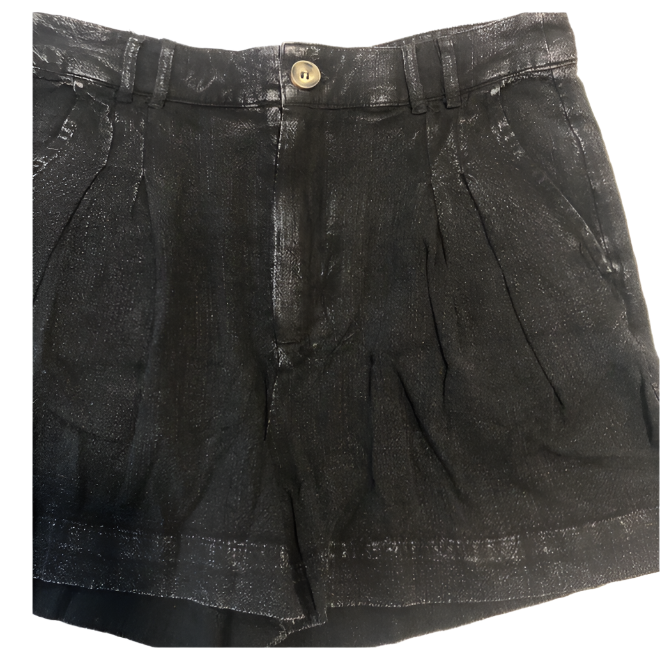 Black size M pleated linen shorts, high waist with gold button and stitched pleats