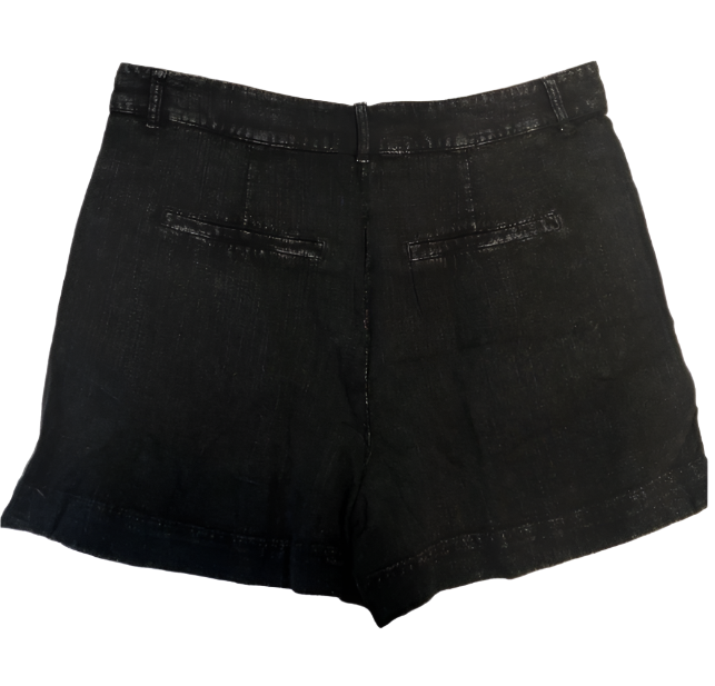 Black linen shorts size M, back view with pleated shaping and seam detail
