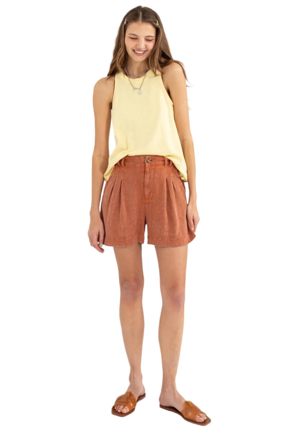 High-waist pleated linen shorts, baked clay color, size Medium