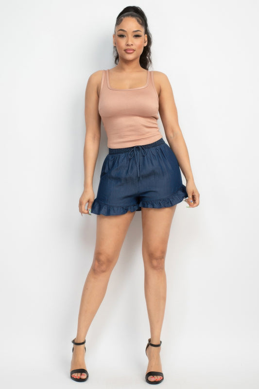 Smocked Waist Ruffled Denim Shorts - Tigbul's Variety Fashion Shop