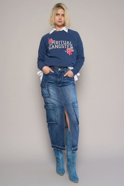 Dark Wash Cargo Pocket Long Denim Skirt - Tigbul's Variety Fashion Shop