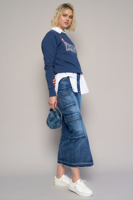 Dark Wash Cargo Pocket Long Denim Skirt - Tigbul's Variety Fashion Shop