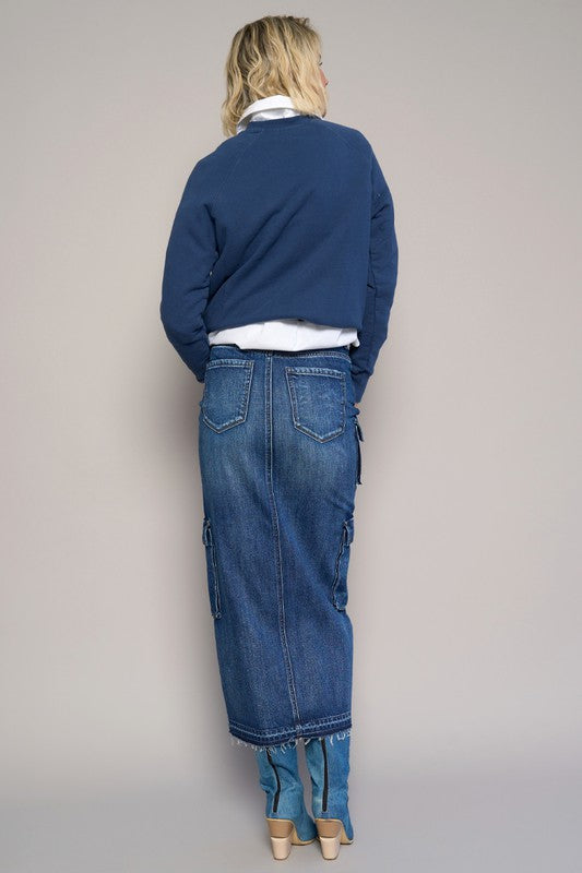 Dark Wash Cargo Pocket Long Denim Skirt - Tigbul's Variety Fashion Shop