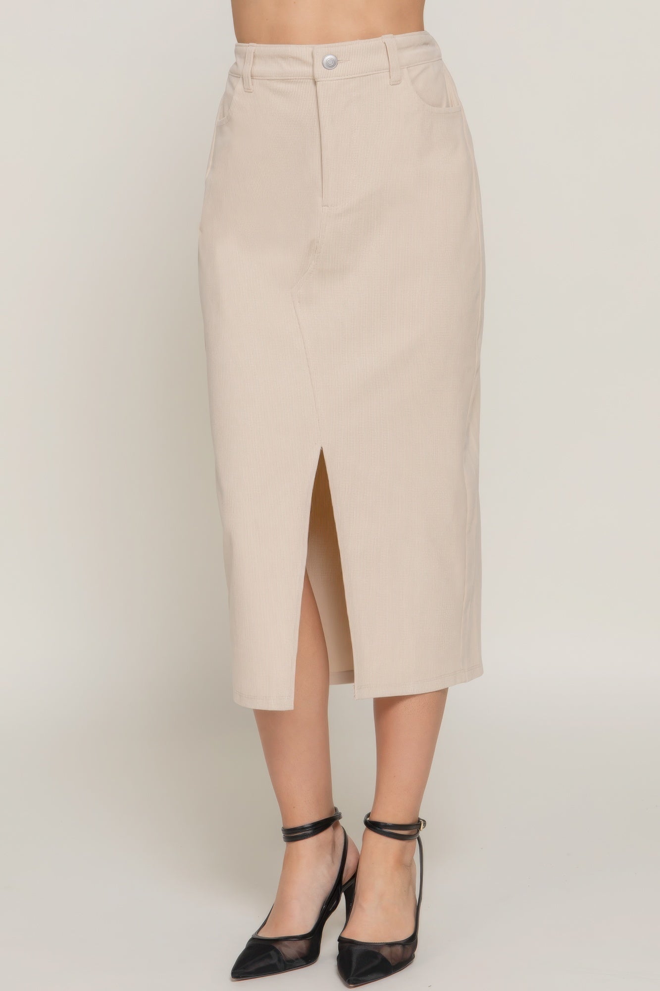 Front Open Slit Corduroy Midi Skirt in Green or Cream - Tigbul's Variety Fashion Shop