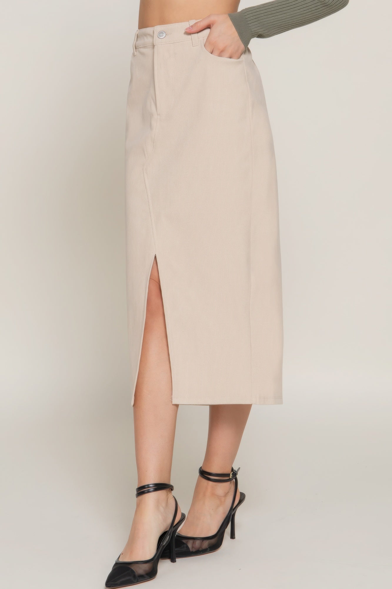 Front Open Slit Corduroy Midi Skirt in Green or Cream - Tigbul's Variety Fashion Shop