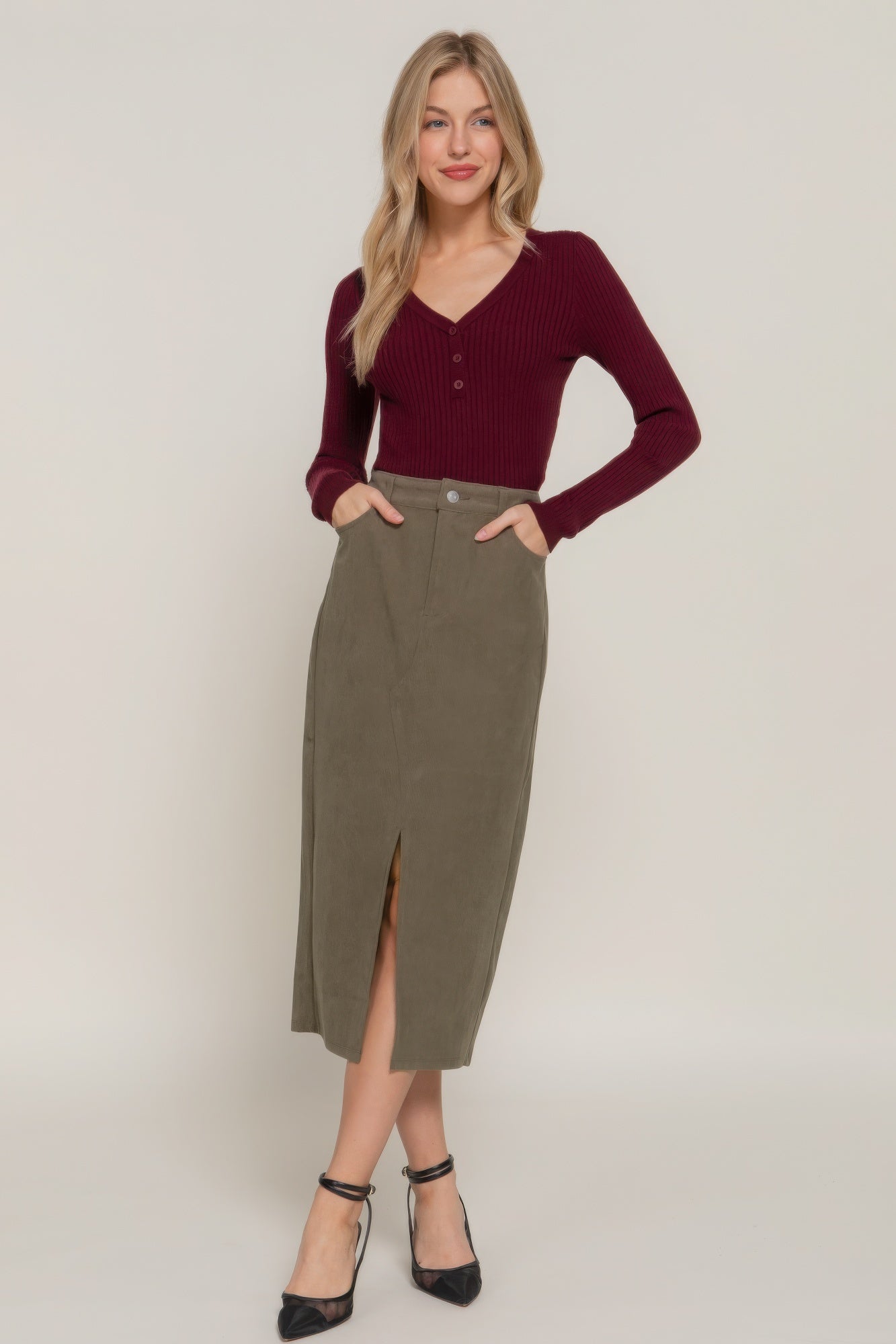 Front Open Slit Corduroy Midi Skirt in Green or Cream - Tigbul's Variety Fashion Shop