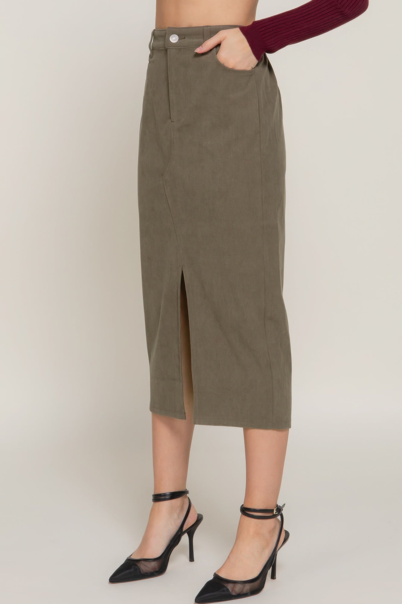 Front Open Slit Corduroy Midi Skirt in Green or Cream - Tigbul's Variety Fashion Shop