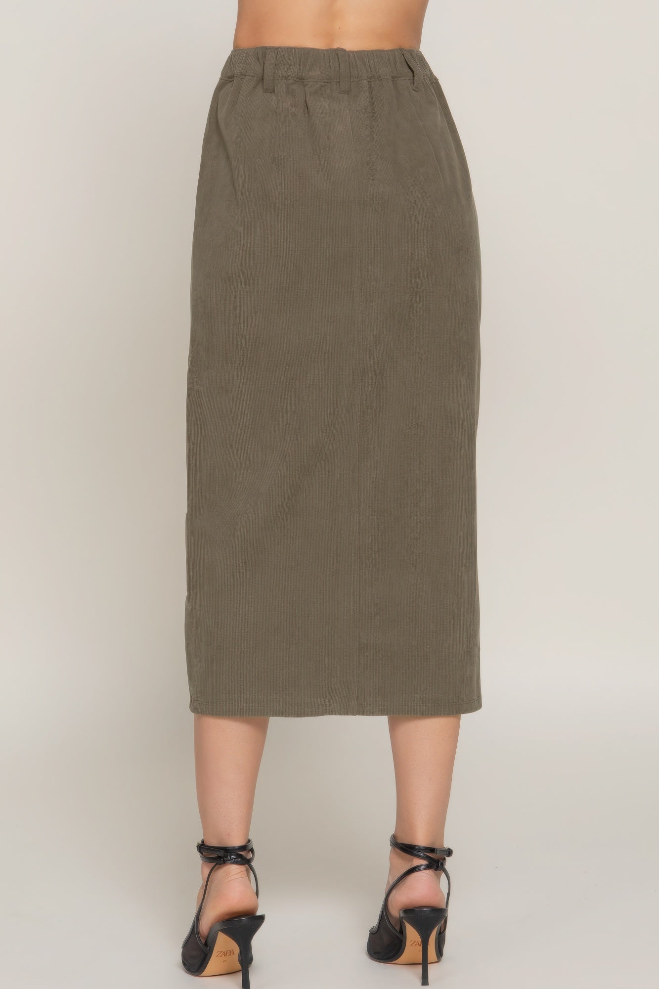 Front Open Slit Corduroy Midi Skirt in Green or Cream - Tigbul's Variety Fashion Shop