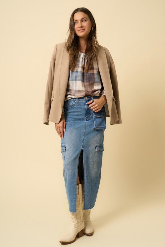 Medium blue denim maxi cargo skirt, button front, flap cargo pockets