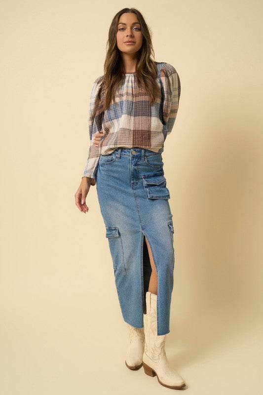 Medium blue denim maxi cargo skirt, front slit with utility pockets