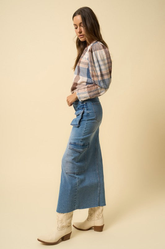 Medium blue denim maxi cargo skirt, side flap cargo pockets and front slit