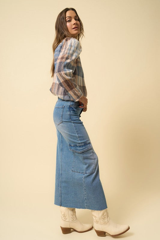 Medium blue denim maxi cargo skirt, long straight fit with cargo pockets