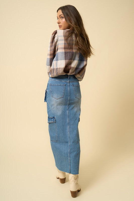 Medium blue denim maxi cargo skirt, utility pocket details and straight hem
