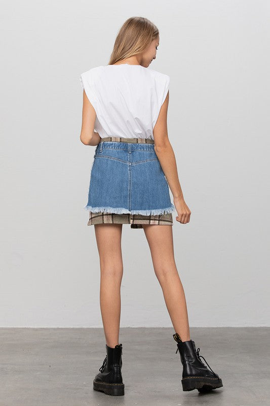 Plaid Checker Mini Denim Skirt - Tigbul's Variety Fashion Shop
