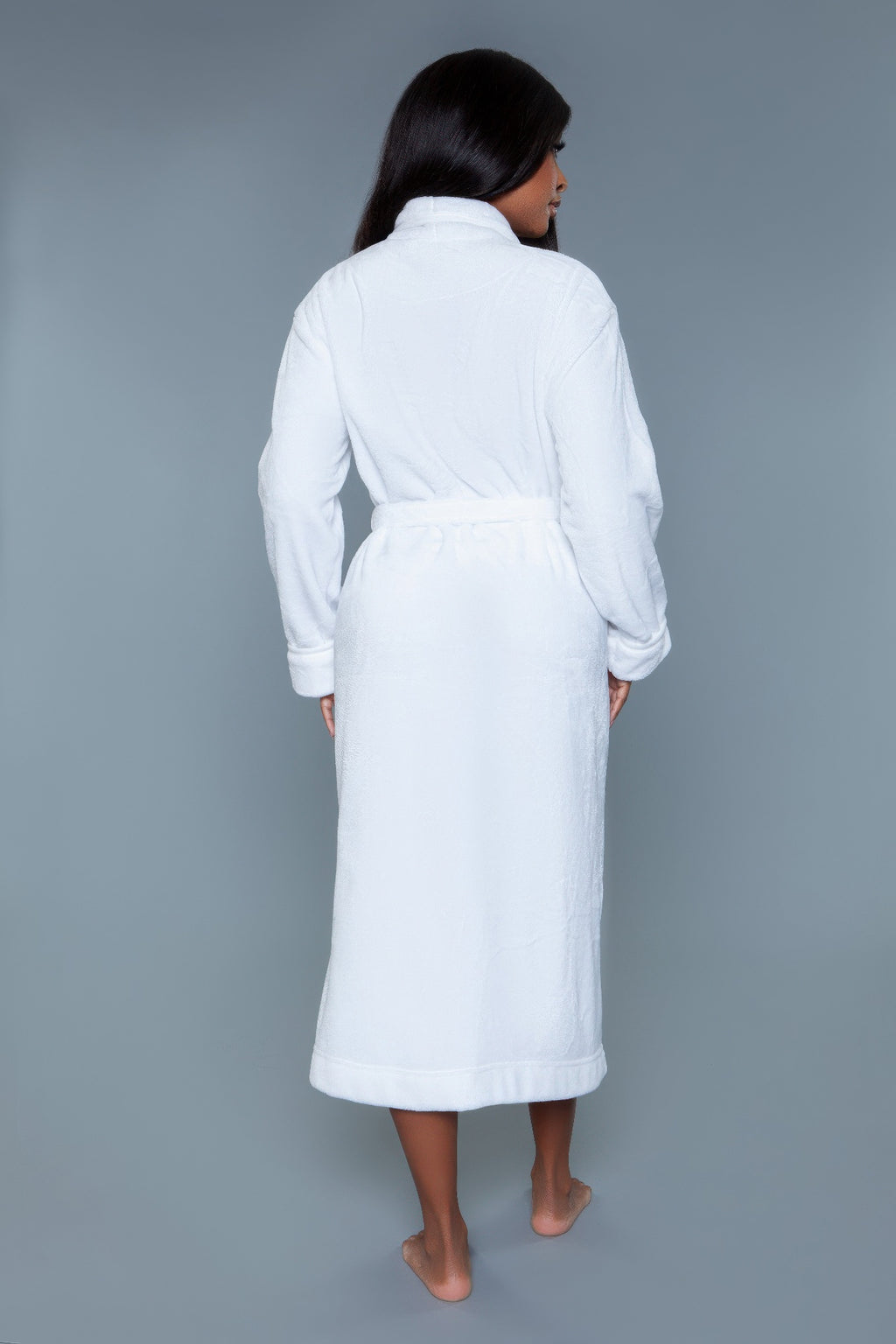 Plush solid white robe, back view with shawl collar and belt tied at waist