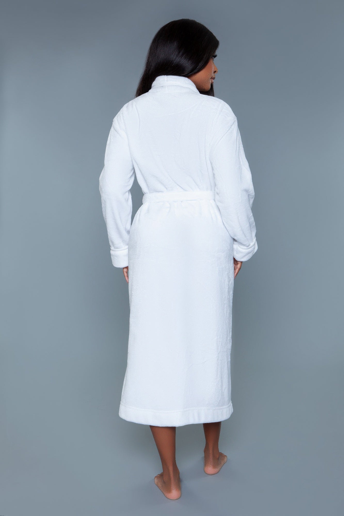 Plush solid white robe, back view with shawl collar and belt tied at waist