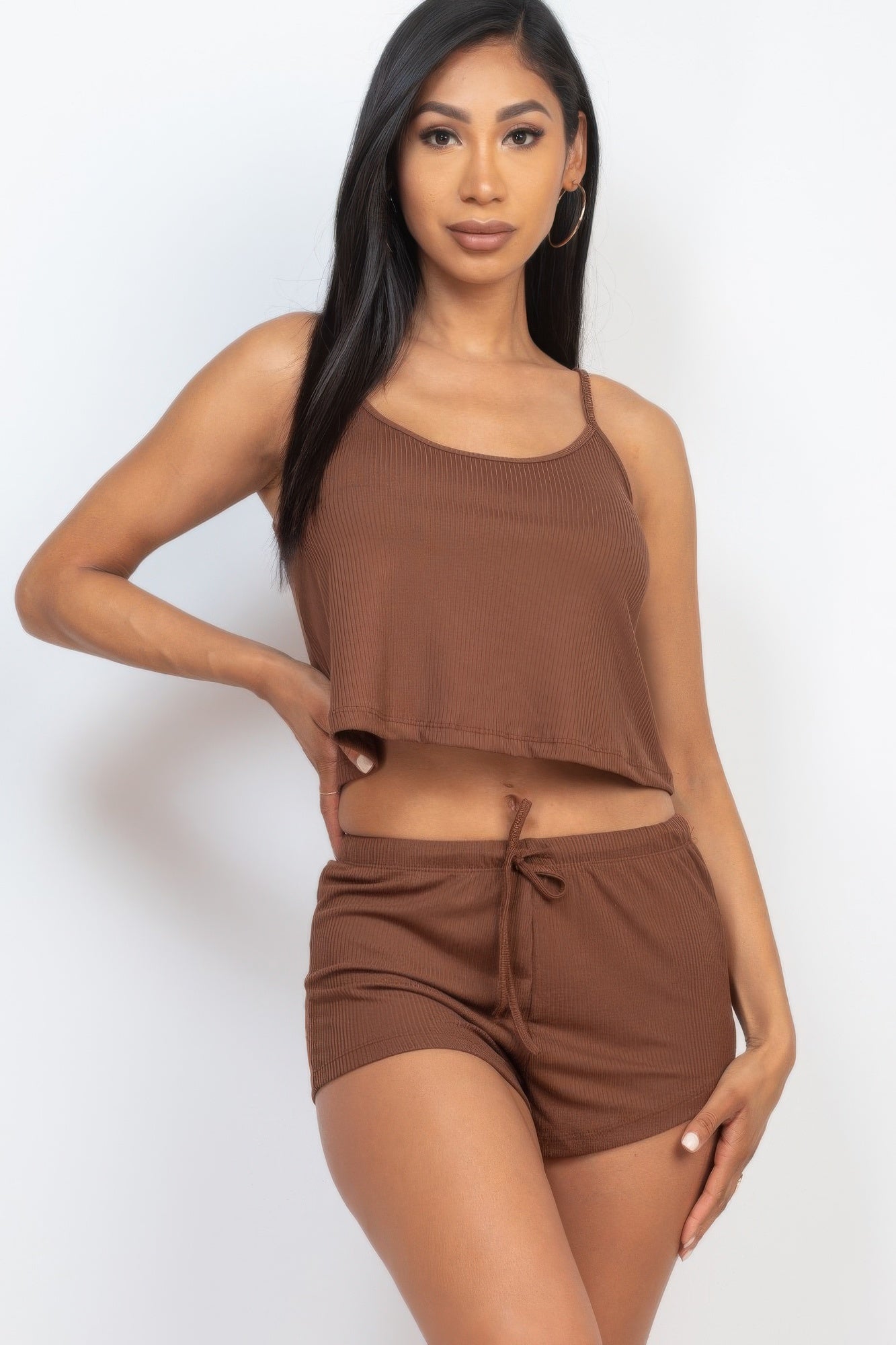 Brown ribbed strappy crop top with drawstring waist shorts set