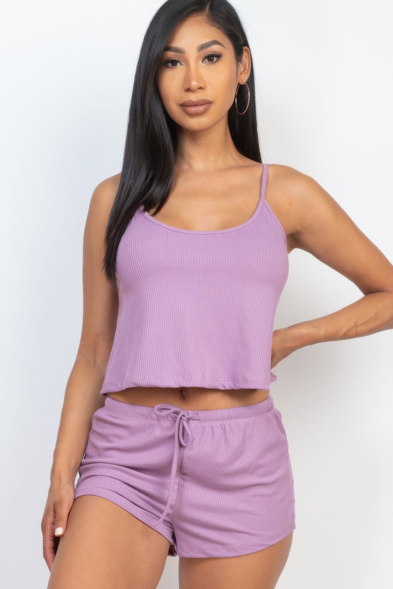 Orchid ribbed strappy crop top and drawstring shorts set