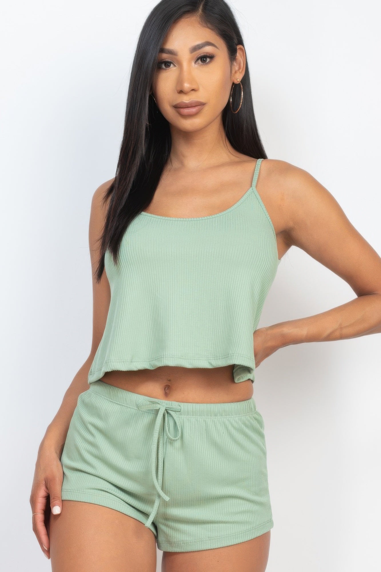 Mint green ribbed strappy crop top with drawstring shorts set