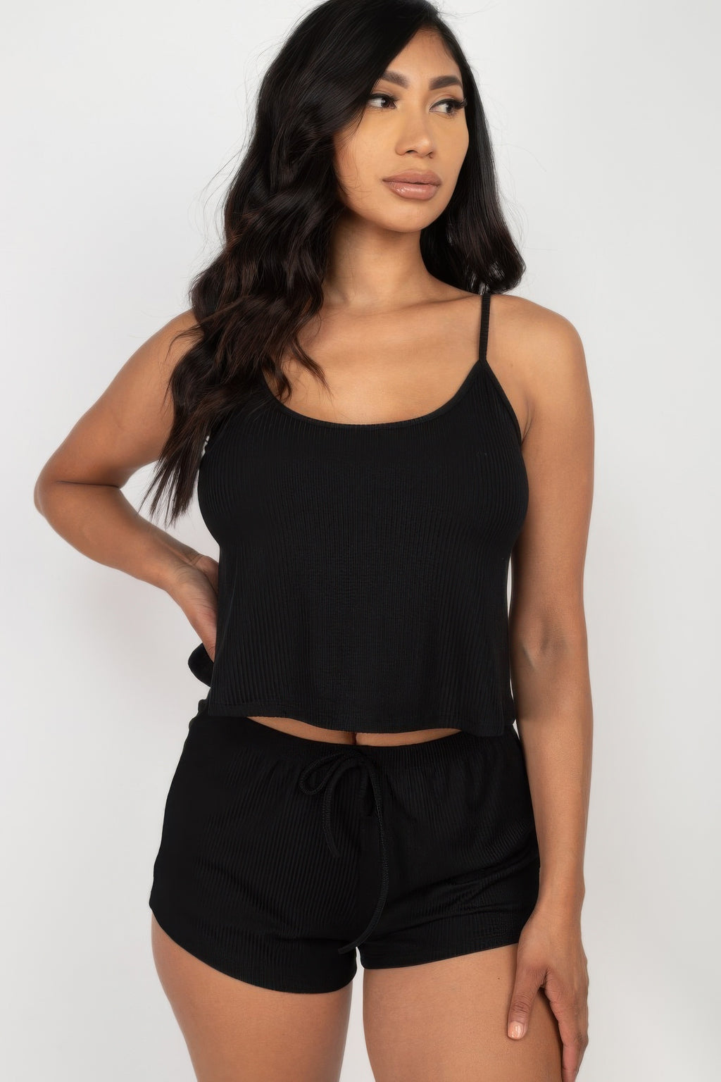 Black ribbed strappy crop top and matching drawstring shorts set