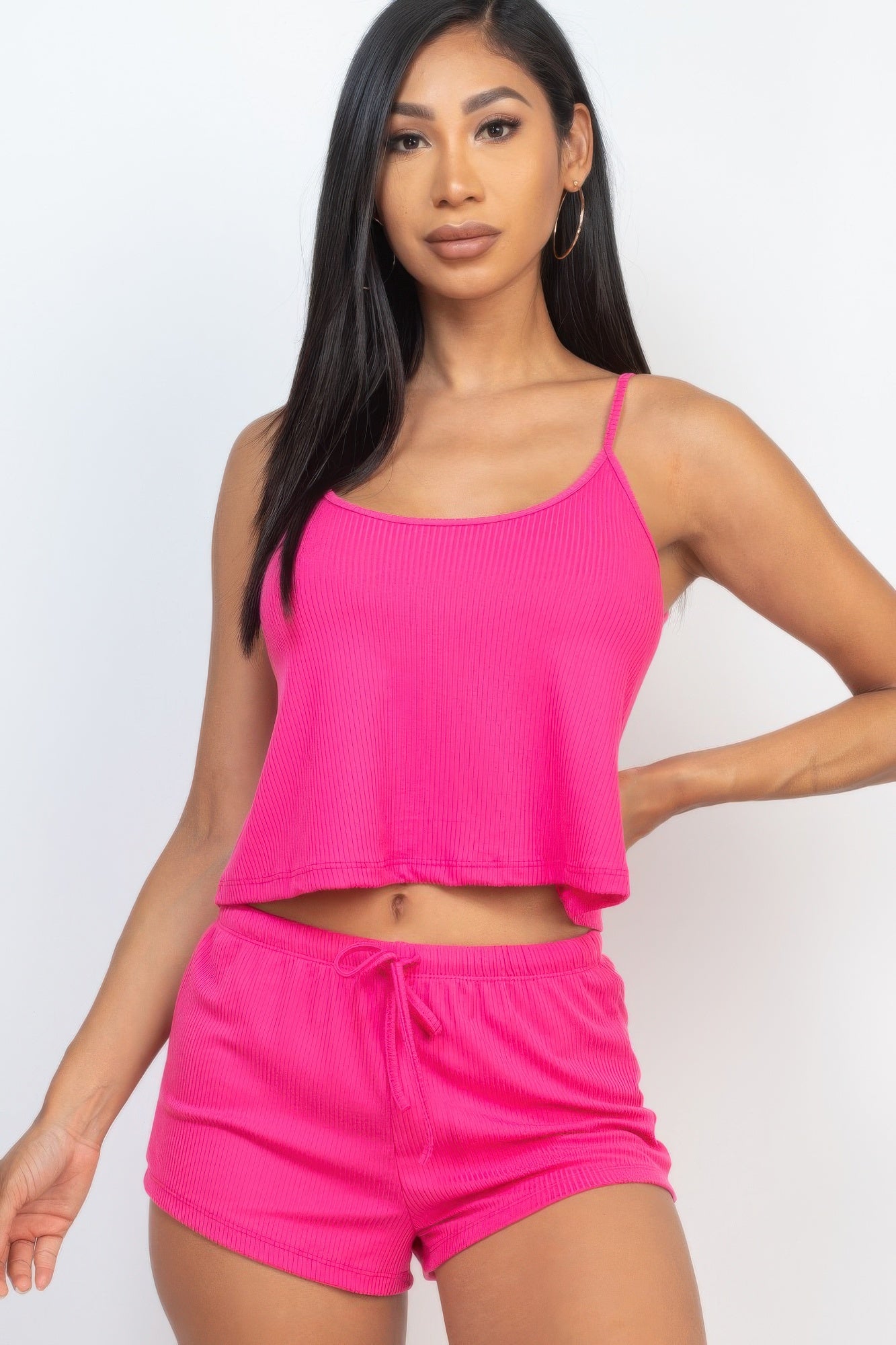 Hot pink ribbed strappy crop top with matching drawstring shorts set