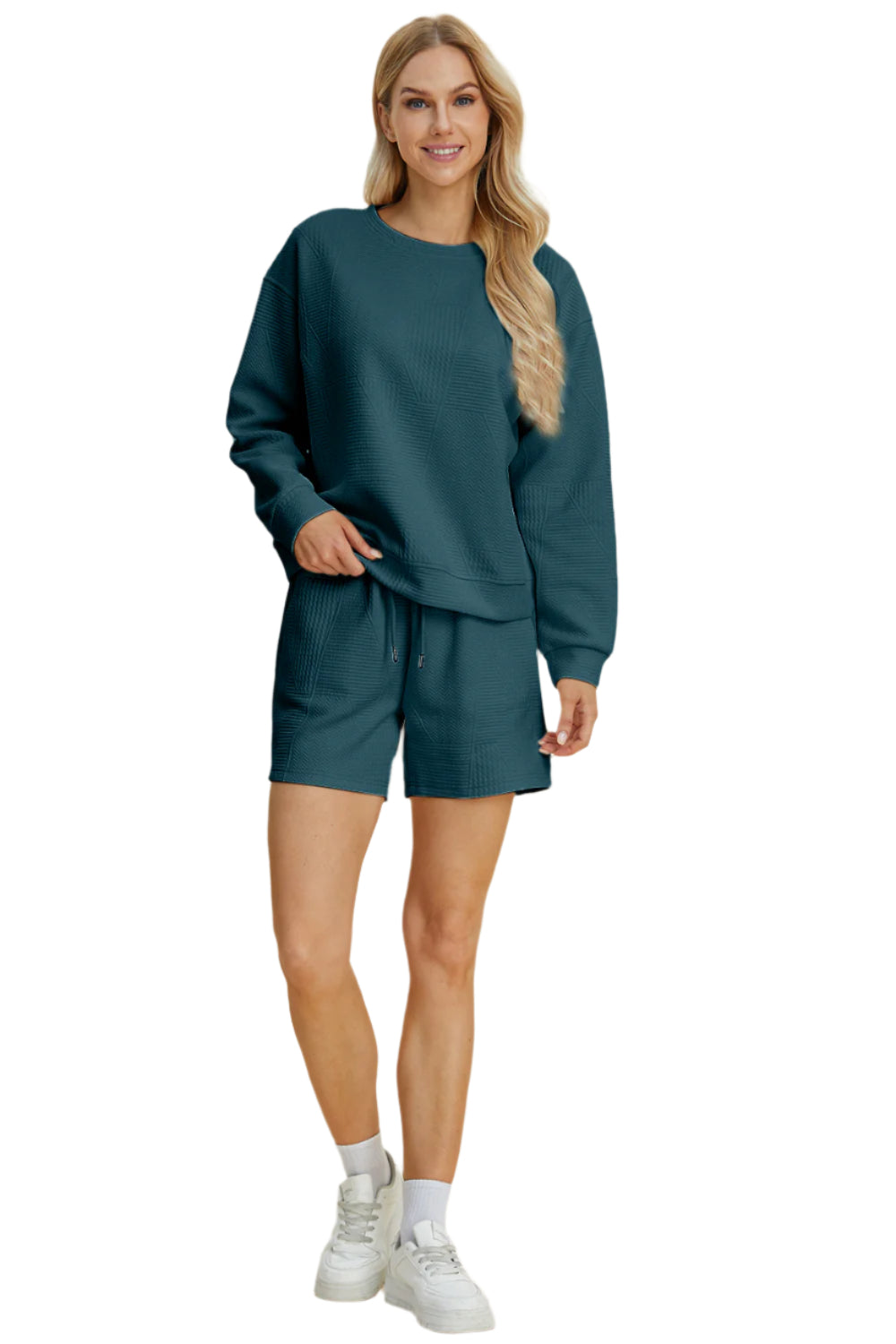 Size Small Blue Textured Long Sleeve Top and Shorts Set - Tigbul's Variety Fashion Shop