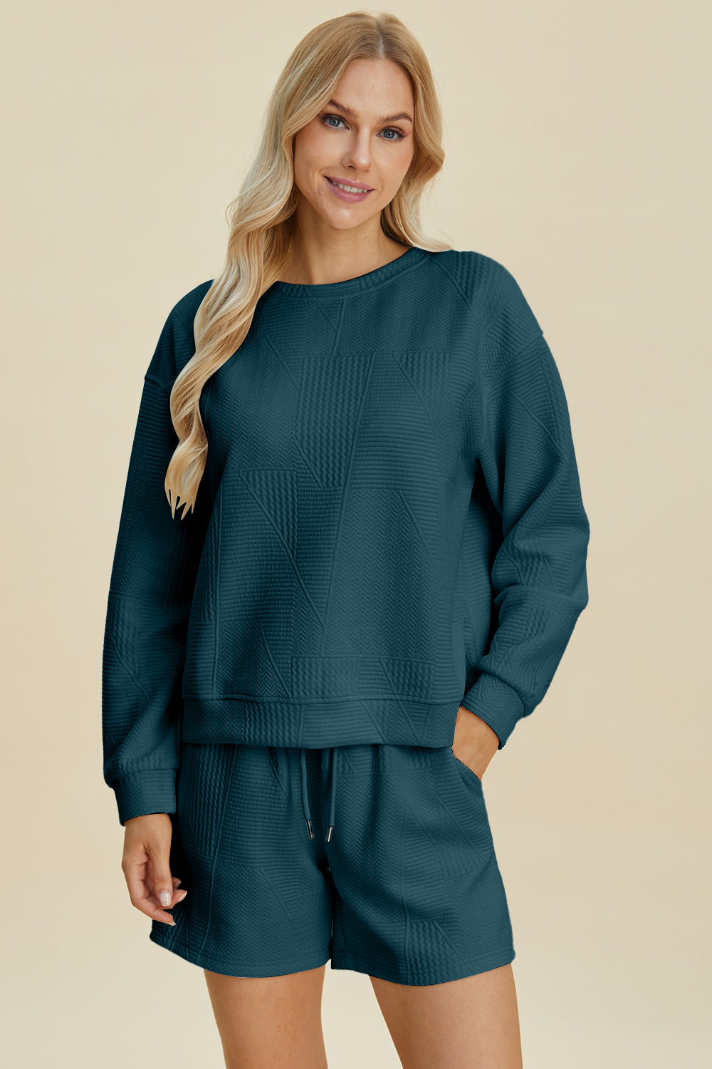 Size Small Blue Textured Long Sleeve Top and Shorts Set | Tigbuls