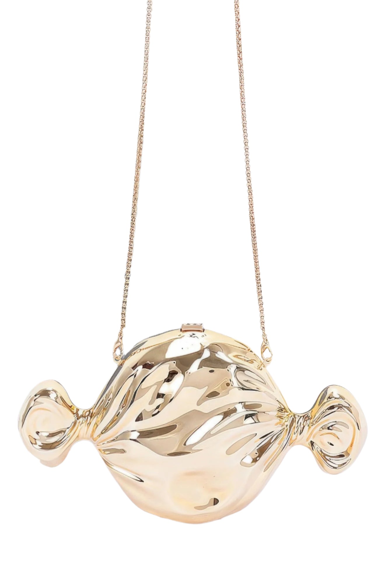 Gold acrylic fish purse with two tail fins and long chain handle