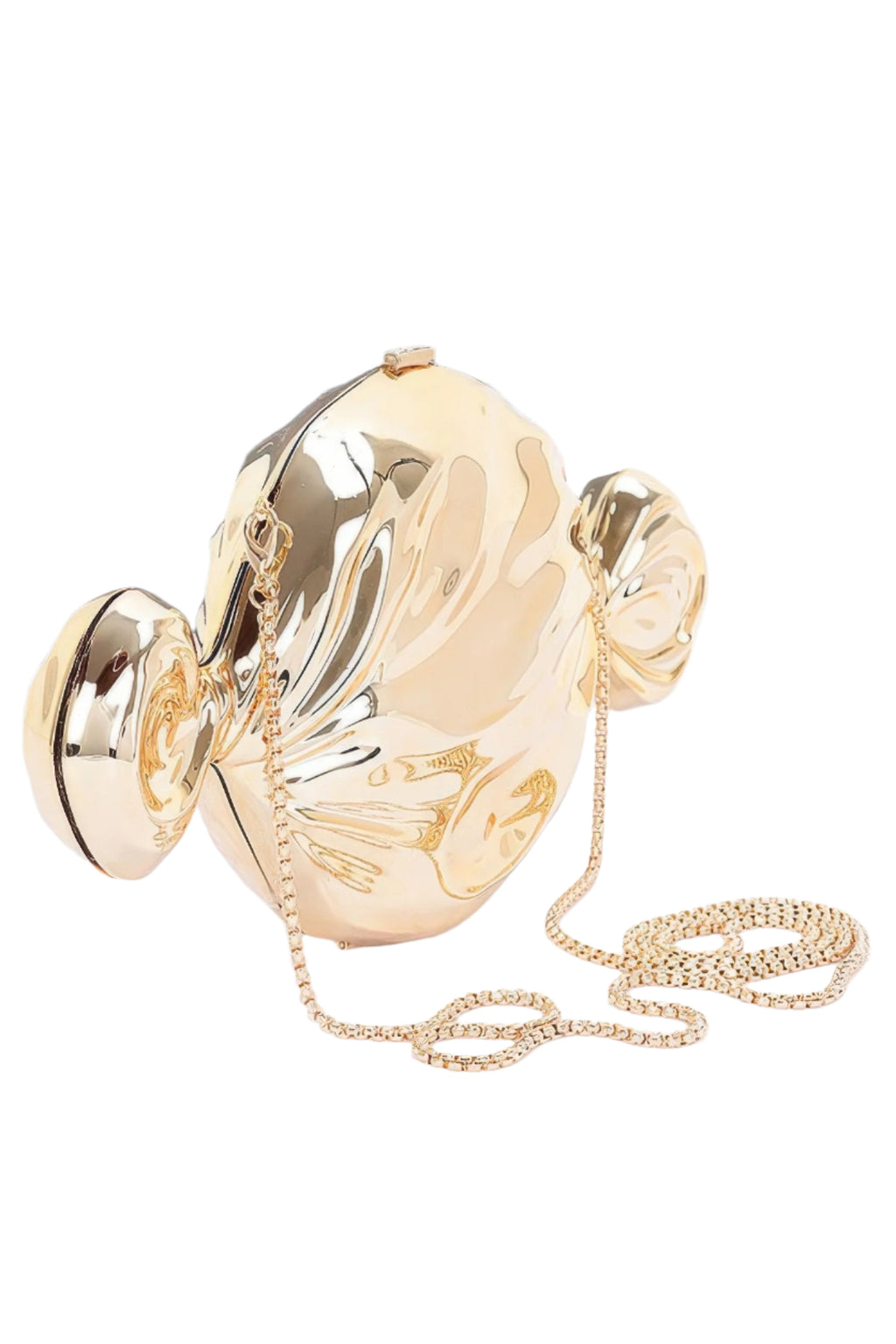 Gold acrylic fish crossbody bag with chain strap and mirrored fin accents