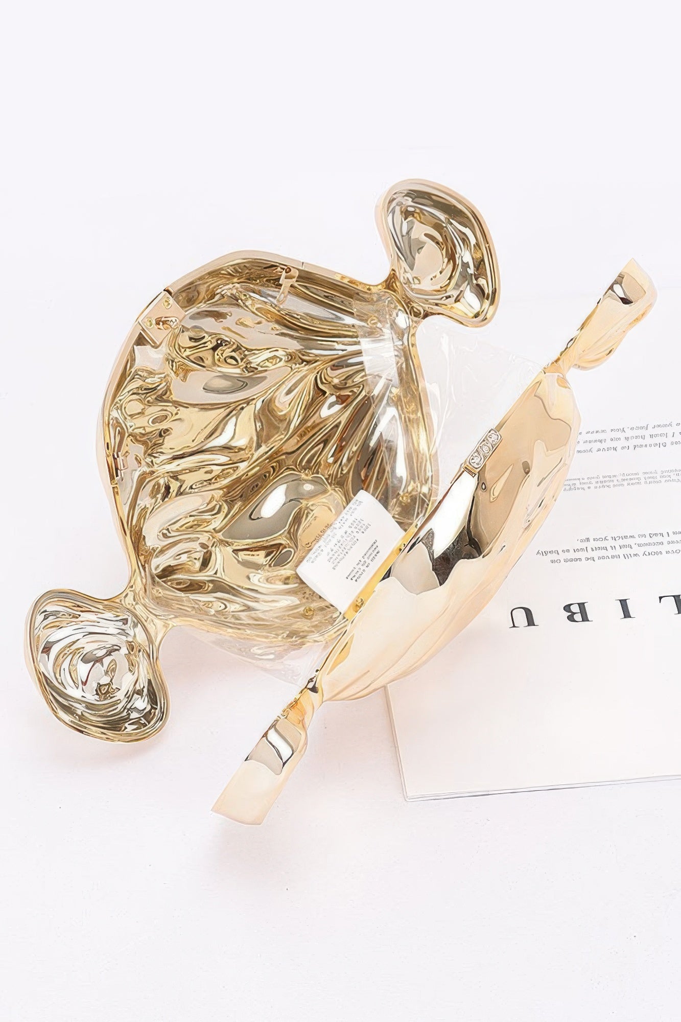 Gold acrylic fish purse angled view with long chain strap and top button clasp