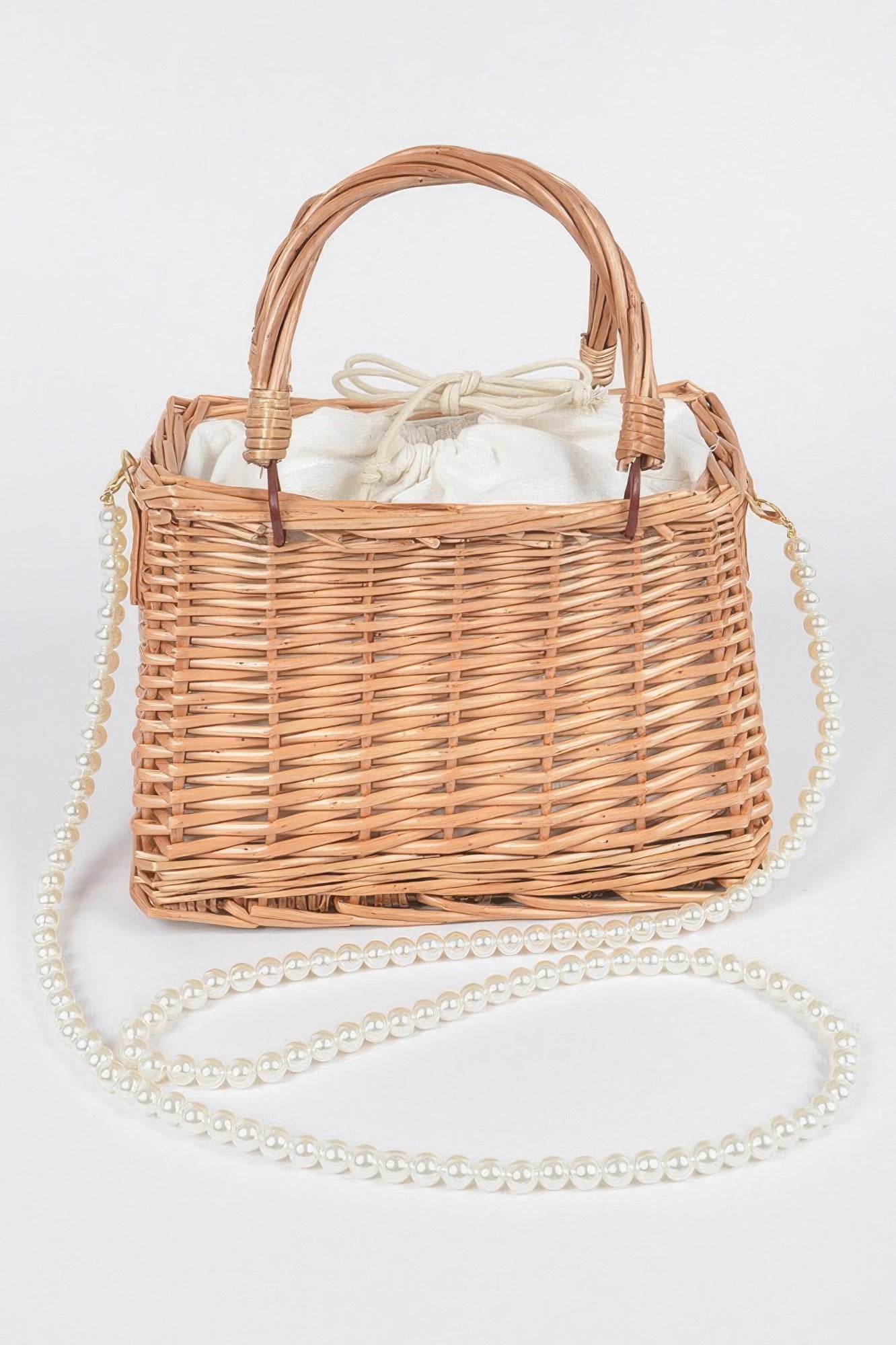 Natural bamboo clutch with faux pearl strap and braided handle, open top