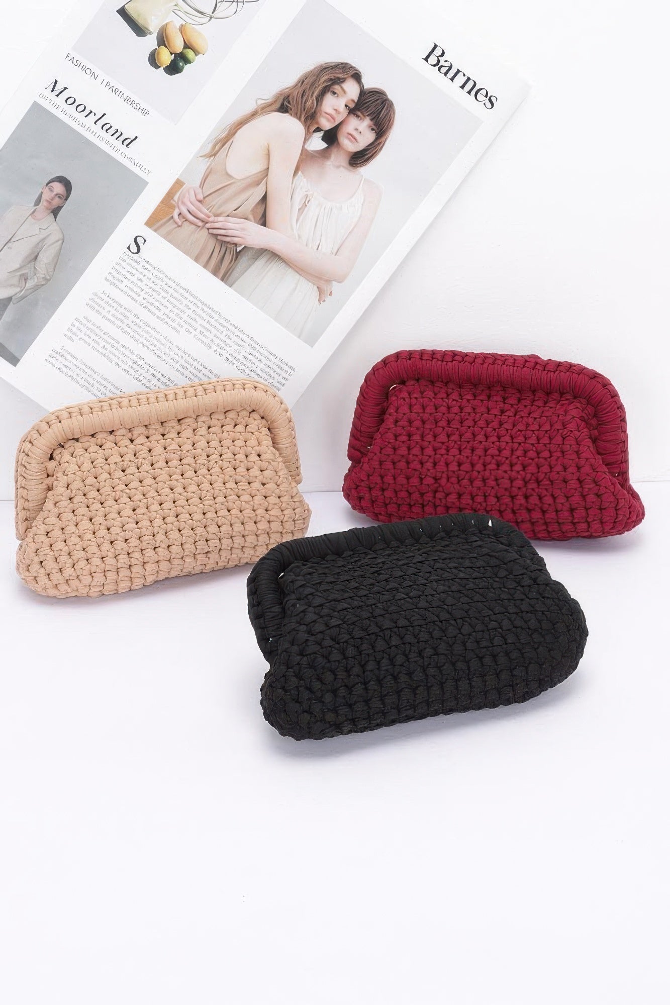 Cotton braided clutches in beige, burgundy, and black with chain straps